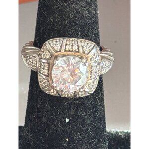 Vintage YGI Sterling Silver Engagement Ring CZ Stones Art Deco Sz 4.75 Estate